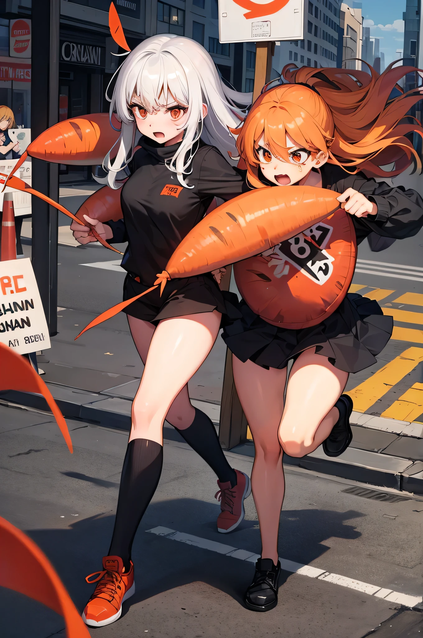 drawing in ink and canvas: The carrot similar to Claudia Sheinbaum alarmed and scared running in the street with a sign that says " Run, the September crisis is coming"