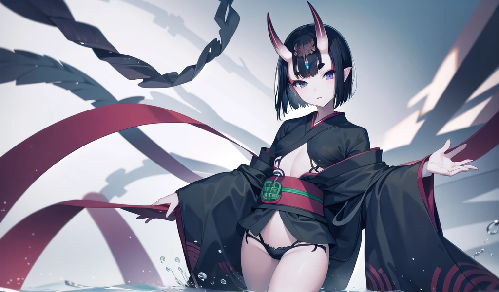 Black short-haired girl with doll head and flat chest，Demon horn，kimono，thigh，swimming briefs，Standing