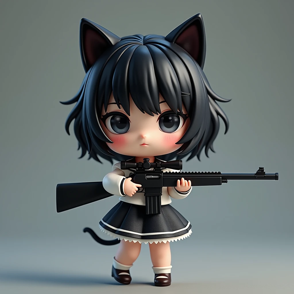 Chibi-chara Lolita girl wearing a sailor uniform with cat ears holding a sniper rifle
A more mysterious atmosphere, more doll-like, a bit more Japanese-style, a bit more doll-like, not cute, more cute, cute taste is fine, but a cuter face, so it doesn't look like an anime, doll, Japanese-style doll, not like an anime, Nendoroid, black hair, bob cut, Nendoroid, a bit more Western-style, more doll-like