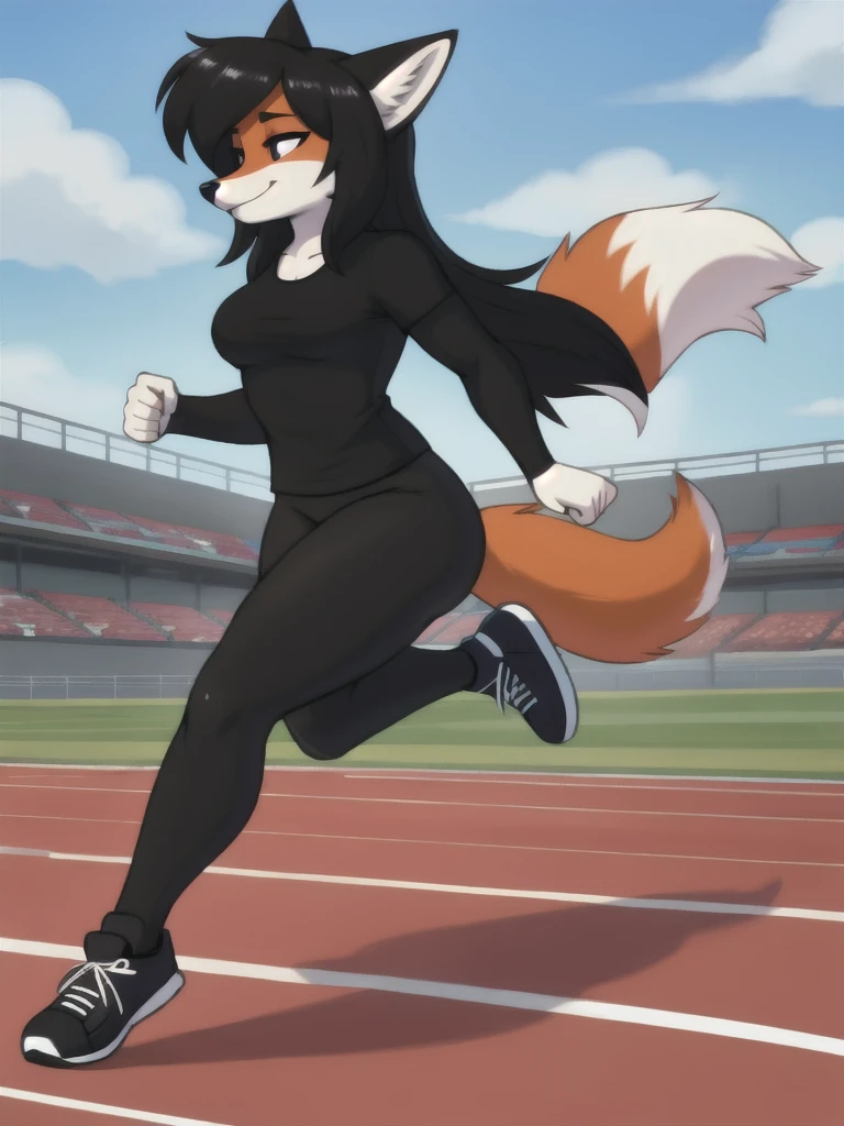 Furry, fox, female, black shirt, black leggings, shoes, running track, friends, full body