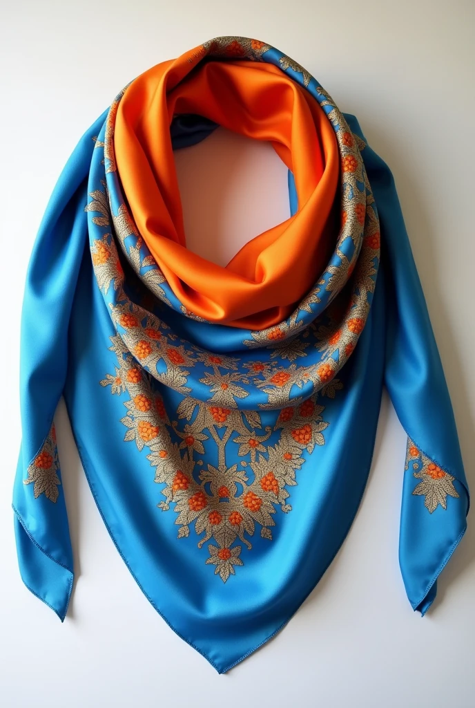 Square silk scarf，A blue silk scarf，Orange-embellished bank employee scarf