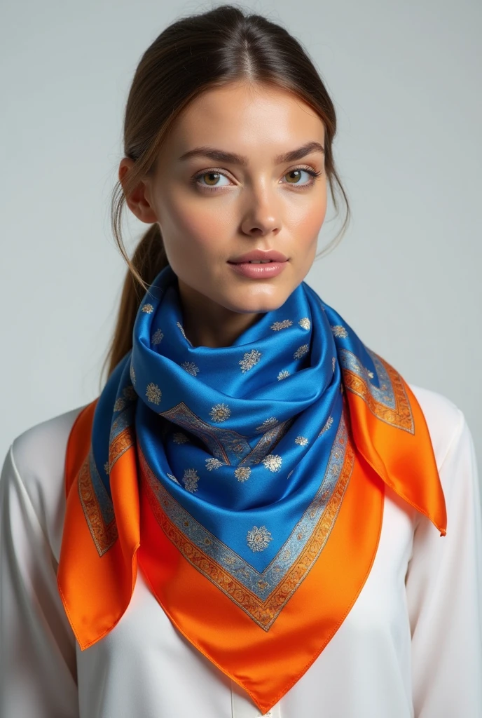 Square silk scarf,A blue silk scarf,Orange-embellished bank employee scarf