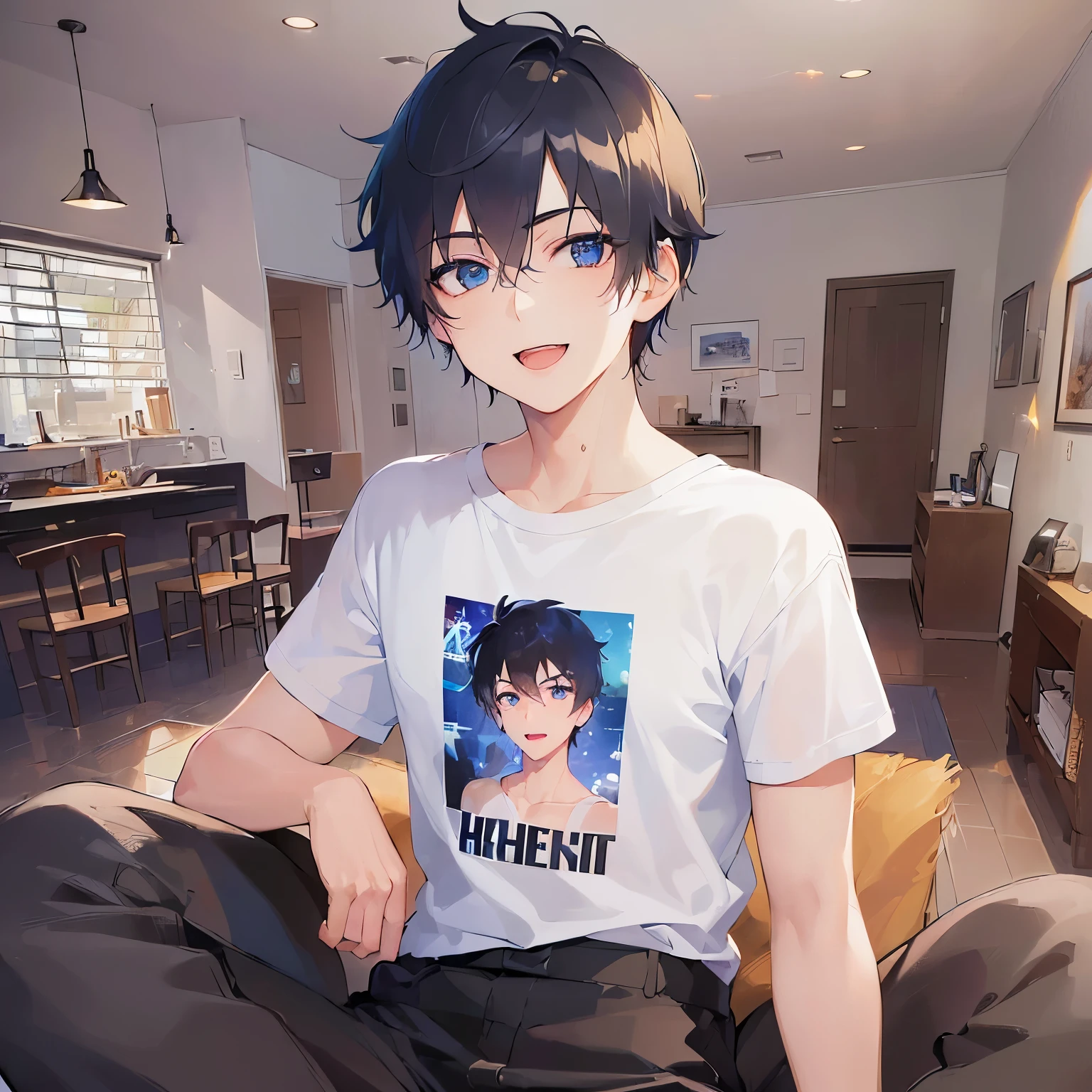 (looking at viewer:1.5)Upper Body,
shiny skin, masterpiece、Highest quality、
(25-year-old male:1.5) and (Black short hair) and (blue eyes),
(T shirts)
smile,open mouth,The background is the living room