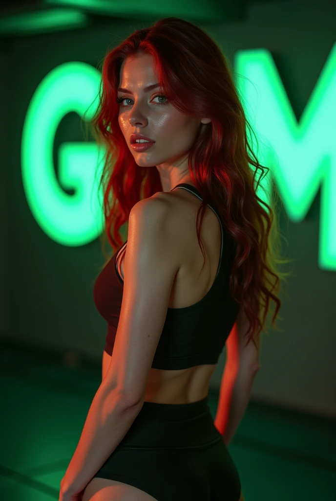 sexy young fit woman, sweating, dark red hair, photorealistic, wearing gym clothes, gym, 8k in the background the text "GYM" in glowing green leds in the wall in a single line, looking at the camera, seductive