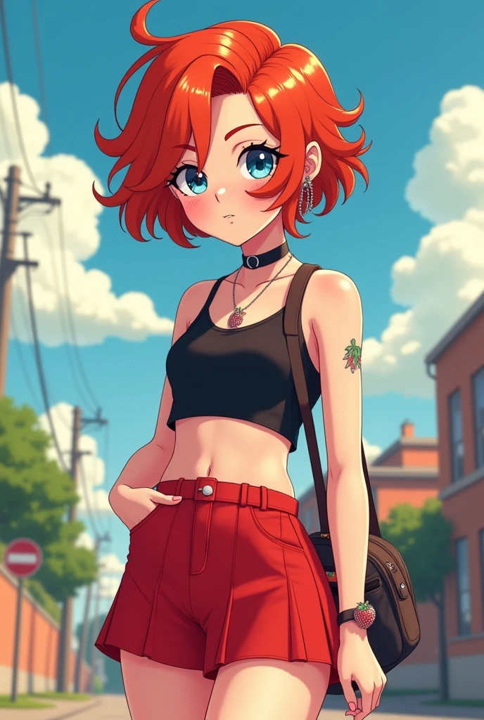 Make me a femboy,white with red hair in fluffy style go out,blue eyes is black,with a strawberry earring ,a nose piercing with a collar necklace a red mini skirt and a black crop top in 2d style