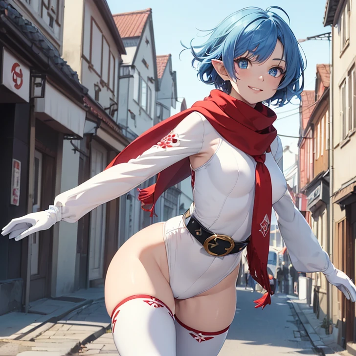 Absurdres, masterpiece, highest quality, very detailed features and textures, alone solo character, anime style, fantasy genre
{{( blue haired elf girl: (pale skin, short spiky sapphire blue hair, heterochromatic eyes, very thin lips, nice teenage bodyeasts, big buttiful arms, biful legs, happy face, open smile, running happy), (white bodysuit, red long ainu themed scarf, white sls, white gloves, white boots, white leggings, yellow belt, yellow bag), (danish city street, sunny morning, danish houses around)}}