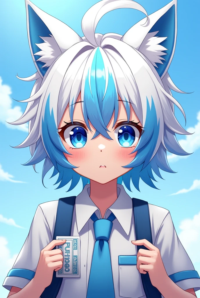 anime 4k,boy with white hair and blue streaks on both sides and in the middle blue eyes white ticket with bangs from the anime jujutsu kaise with blue cat ears