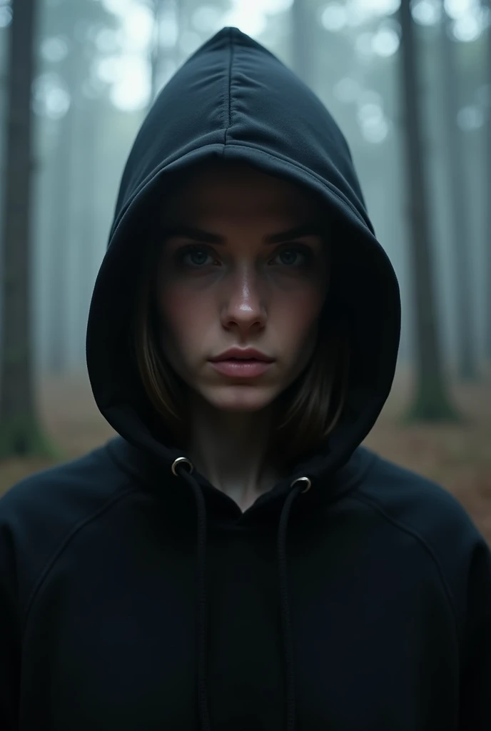 Make Me a cinematic cover art for a hit single featuring a close-up shot of a female Hacker wearing a black hoodie with a cinematic foggy pine forest background