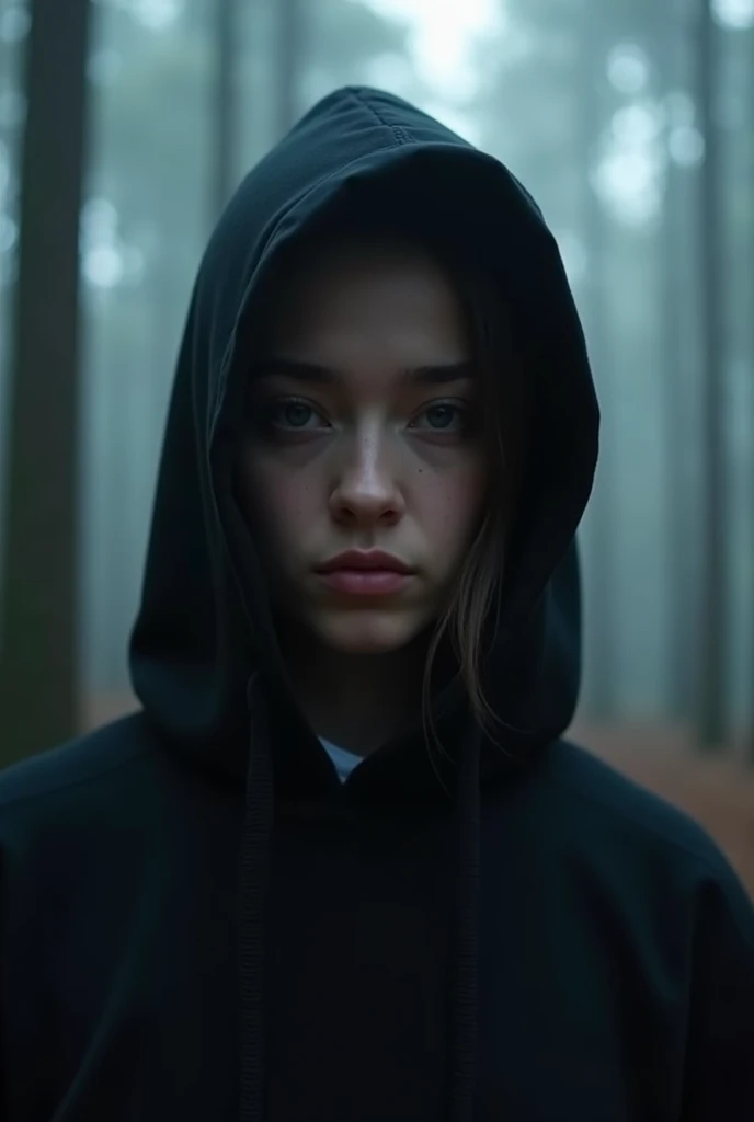 Make Me a cinematic cover art for a hit single featuring a close-up shot of a female Hacker wearing a black hoodie with a cinematic foggy pine forest background