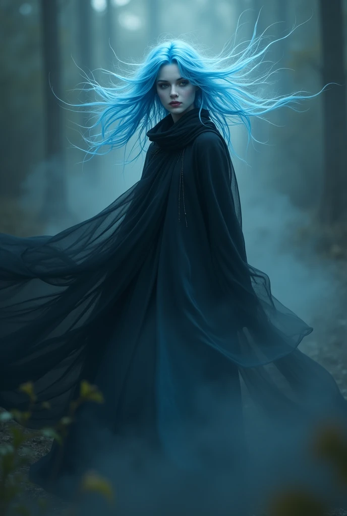 Ghost woman blue hair black cape floating