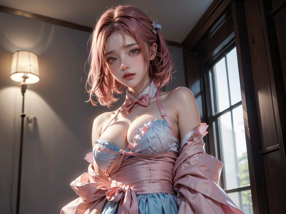 (finely detailed beautiful eyes and detailed face,masterpiece sidelighting,masterpiece,best quality,detailed,high resolution illustration),, (1girl,whole body,bishoujo,lustrous skin,looking down,looking at viewer),, (pink hair,blue eyes,ribbon,hanbok, korean clothes), (clothed_underbust:1.2),underboob,