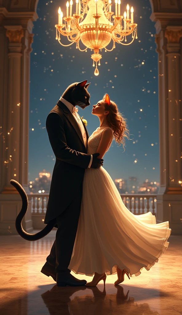 Scene 6: The Graceful Dance
Title: A Bold Dance Under the Stars
Description: Under a starry sky, the boy cat and the bold lady cat glide across a grand ballroom. His large paws guide her with gentle strength, yet her assertive movements and curvy figure reveal her equal role in this romantic dance. The chandelier above reflects their elegant forms, with his tuxedo shining brightly and her gown flowing around her like a soft breeze. The contrast in their size and the grace of their dance create a powerful and romantic image.