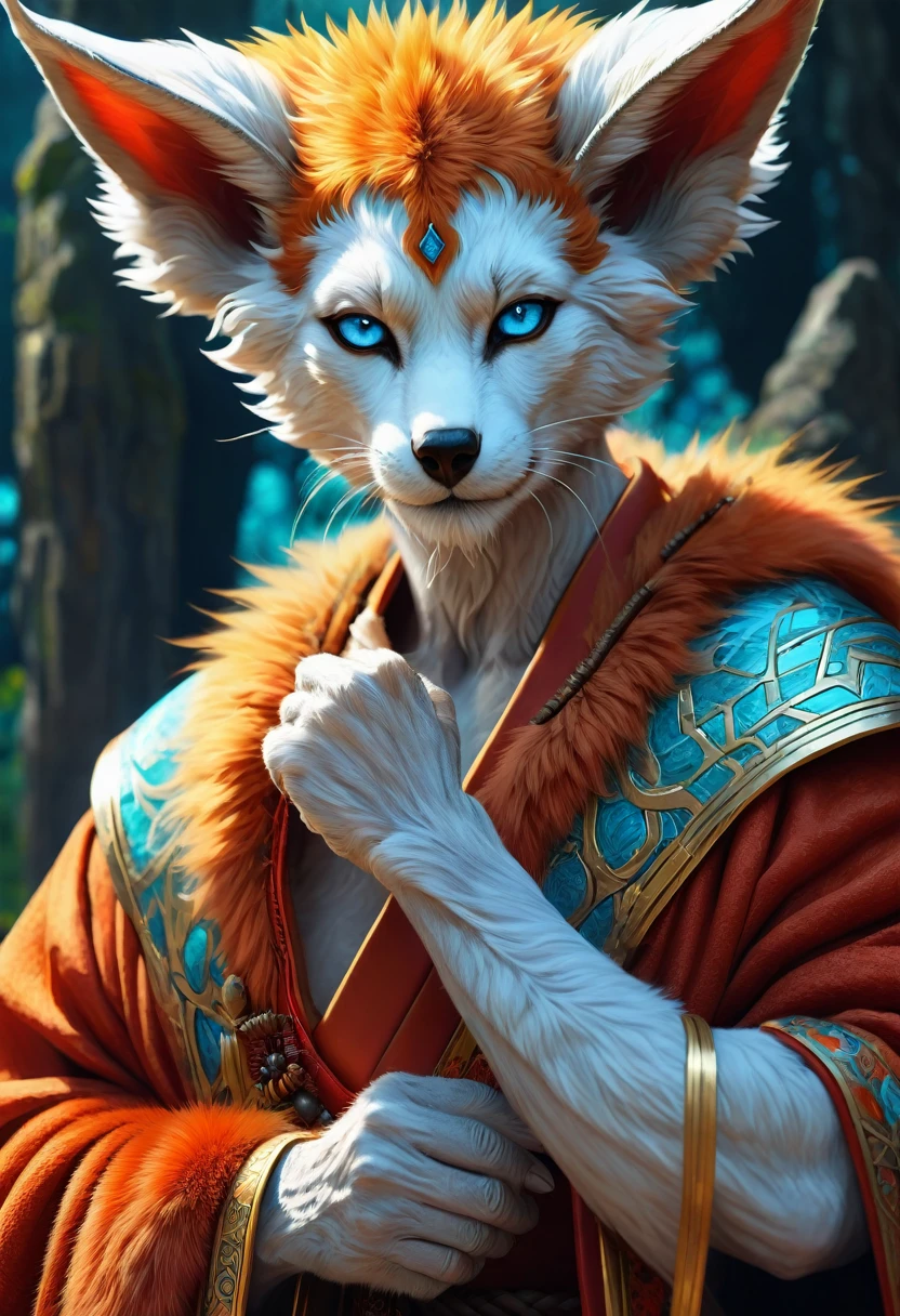 Anthropomorphic geriatric kitsune-satyr monk. red fur. Old, wrinkled ancient, decrepit. Crystal blue eyes. wise face. wizened. long detailed fingers. kind and gentle face. grandfatherly. Official Art – An Award-Winning Digital Masterpiece In 4K Ultra HD, Extreme Detail And Intricate Realism. Symmetrical Face. This bright and colorful Concept Art Brought To Life By The Hands Of Artists Like Wlop & Artgerm In A Stunning 2D Vector Illustration. Background Is A Panoramic Vista.