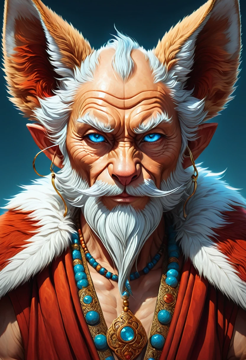 Anthropomorphic geriatric kitsune-satyr monk. red fur. Old, wrinkled ancient, decrepit. Crystal blue eyes. wise face. wizened. long detailed fingers. kind and gentle face. grandfatherly. Official Art – An Award-Winning Digital Masterpiece In 4K Ultra HD, Extreme Detail And Intricate Realism. Symmetrical Face. This bright and colorful Concept Art Brought To Life By The Hands Of Artists Like Wlop & Artgerm In A Stunning 2D Vector Illustration. Background Is A Panoramic Vista.
