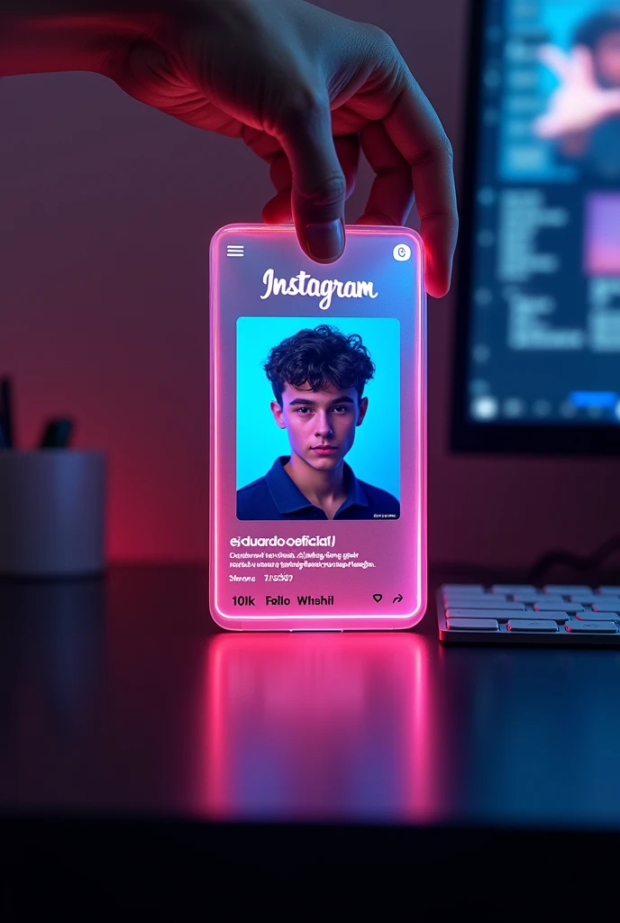 Create a Instagram profile on glass id card on a Black desk displaying Instagram logo and realistic profile photo of a teenage boy in circle and " eduardooficiall" is written in bold fonts under the profile photo and 100k Followers written, the Instagram card is glowing in pink and blue color on the edge, One corner is held with two fingers