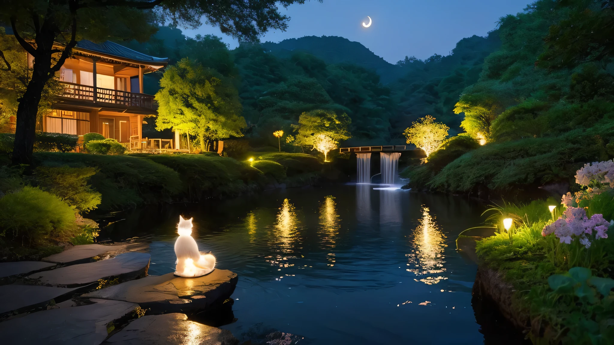 moon River, night,Girl in kimono, nature, scenery, Rock Music, Multiple Girls, Glow worms, bug, water, Outdoor, null, bag, butterfly, moon、White cat