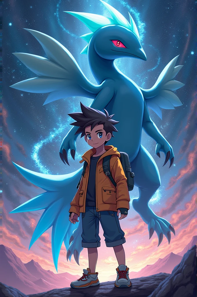 Create an avatar in the style of the Pokemon world of a boy who trains Pokémon from space and has a Lugia as a partner.