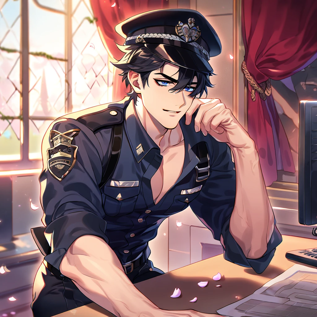 absurdres, highres, ultra detailed, HDR, master piece, best quality, Wriothesley, black hair, expressive blue eyes, Genshin Impact, solo, sexy man, handsome, horny, lewd, black police officer clothes, unbuttoned shirt, black hat, fantasy, police station, window, petals, flowers, room, red curtains, Nu Carnival