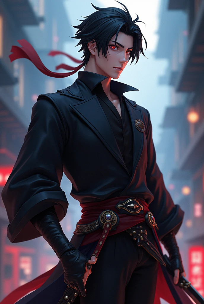Genshin Impact Game Feature man, 25 years old, black hair, red eyes, dark clothes, swordsman