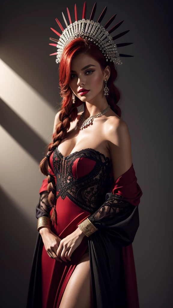 A captivating monochrome illustration of a mysterious striking red hair styled in an elaborate braid that cascades down her neck. She is adorned with a matching red feathered
headdress that stands tall, almost touching the top of her head. Beside her, there's a vividly colored red and white bird, accentuated by her striking red lips. The wide-brimmed hat casts an enigmatic shadow over her face, with only her eyes peeking through. She dons a stylish dress or top with a wide neckline, showcasing her elegant collarbones. A striking bracelet adorns her wrist, adding a touch of sophistication. Set against the darkness of the background, the woman's silhouette and the intricate details of her outfit are brought to life, evoking a sense of dark fantasy and allure., dark fantasy, illustration, fashion