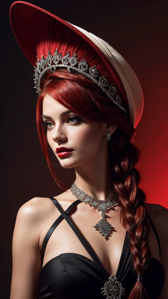 A captivating monochrome illustration of a mysterious striking red hair styled in an elaborate braid that cascades down her neck. She is adorned with a matching red feathered
headdress that stands tall, almost touching the top of her head. Beside her, there's a vividly colored red and white bird, accentuated by her striking red lips. The wide-brimmed hat casts an enigmatic shadow over her face, with only her eyes peeking through. She dons a stylish dress or top with a wide neckline, showcasing her elegant collarbones. A striking bracelet adorns her wrist, adding a touch of sophistication. Set against the darkness of the background, the woman's silhouette and the intricate details of her outfit are brought to life, evoking a sense of dark fantasy and allure., dark fantasy, illustration, fashion