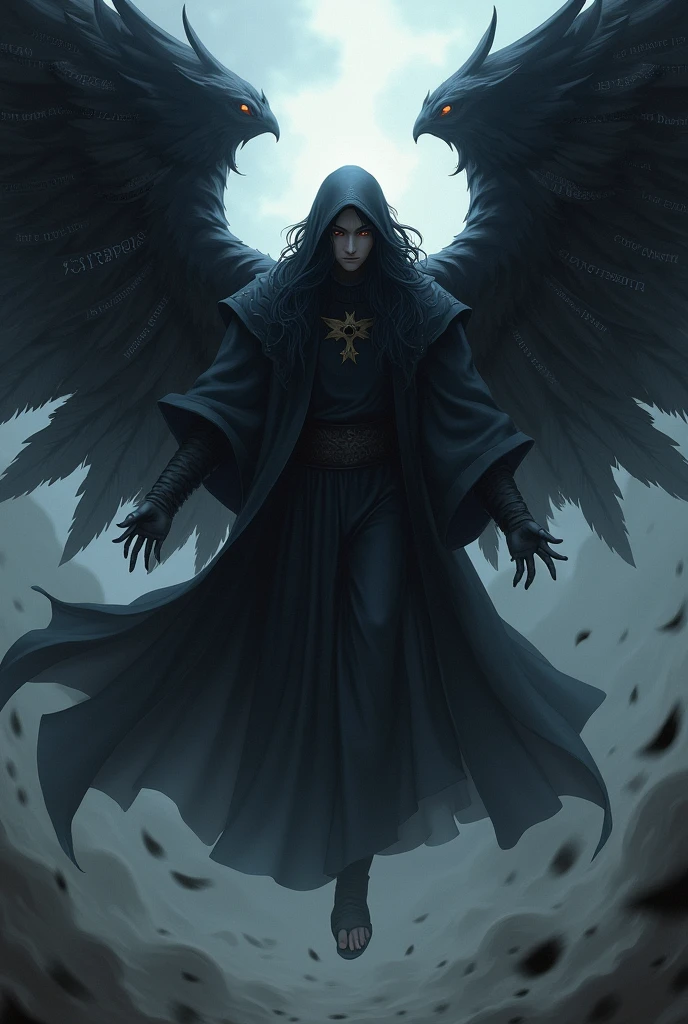 (Madara Uchiha) ( levitating) ( long wavy black hair) ( Black Wings with Hebrew scriptures inscribed on them) ( Black Aura of Fire) ( A hood that covers his face)