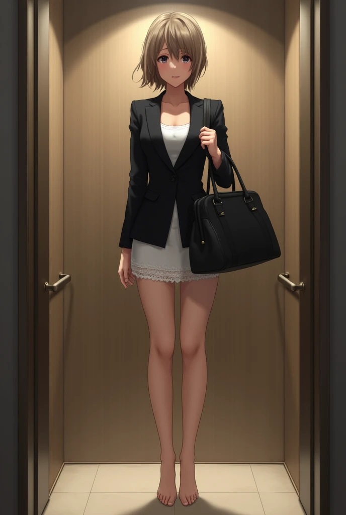 (NSFW:1.0),1 Female,Beautiful mature woman,Japanese,Light brown shorthair,Life Insurance Lady,, Black micro mini suit,ample bosom,The cleavage of the blouse is open,The sides of her white micro mini skirt are made of lace, allowing her panties to be seen through.,High heels,((barefoot)), carry a heavy business bag on one&#39;s shoulder,Weeping face,background:Inside the elevator