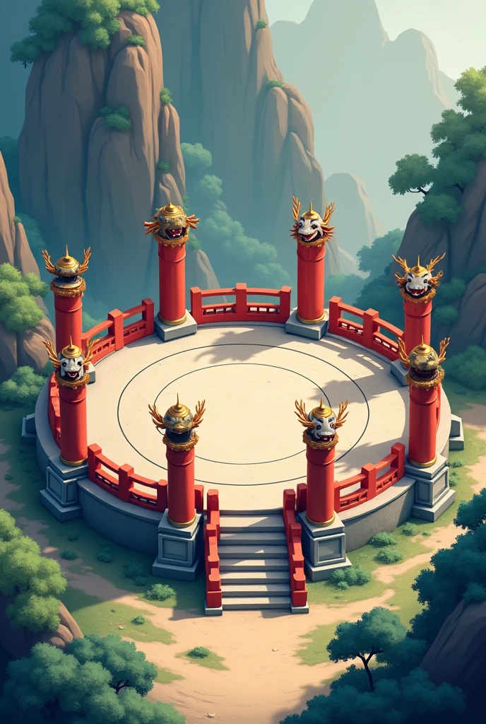 Image generation,Isometric,Chinese style,Ancient circular altar,The altar has pillars surrounding the center,There are beast images on the pillars。