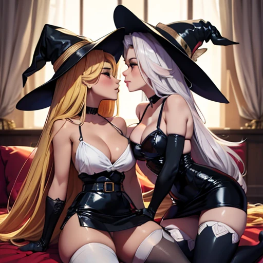 ((having hot lesbian sex in the bedroom. They are kissing, fondling, licking, and scissoring one another with so much passion, these brunettes are so damn hot.)),(masterpiece, best quality:1.4), absurdres, highres, ultra detailed, beautiful, (witch), (perfect face, detailed face, beautiful:1.3),(natural breasts, cleavage), collarbone, fingerless gloves, gloves,spaghetti strap top, black pencil skirt, tight, over the knee skirt, hat, elegant witch outfit, thighhighs, thick thighs, thighs, multiple belts, More detailed 8K.motor irreal:1.4,UHD,La mejor calidad:1.4, fotorrealista:1.4, textura de la piel:1.4, obra maestra:1.8,obra-prima, mejor calidad,objeto Objeto], (detailed face features:1.3),(manos detailed)