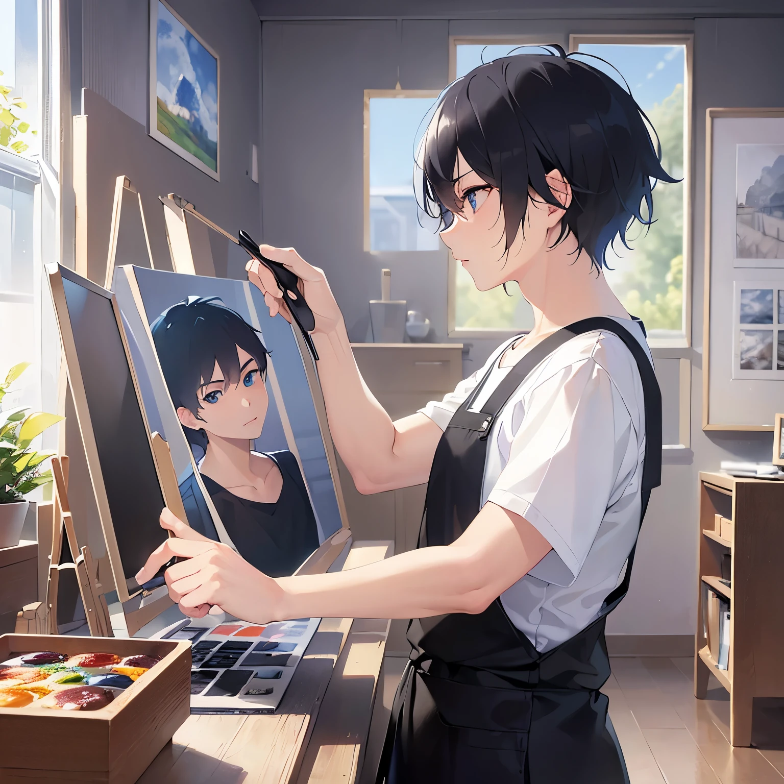 (looking away:1.5),upper body、Side shot、Setting up a canvas、(Mixing on a paint palette:1.5)、
shiny skin, masterpiece、Highest quality、
(25-year-old male:1.5) and (Black short hair) and (blue eyes),
(black T shirts)、apron、canvas、
Serious,Art Room