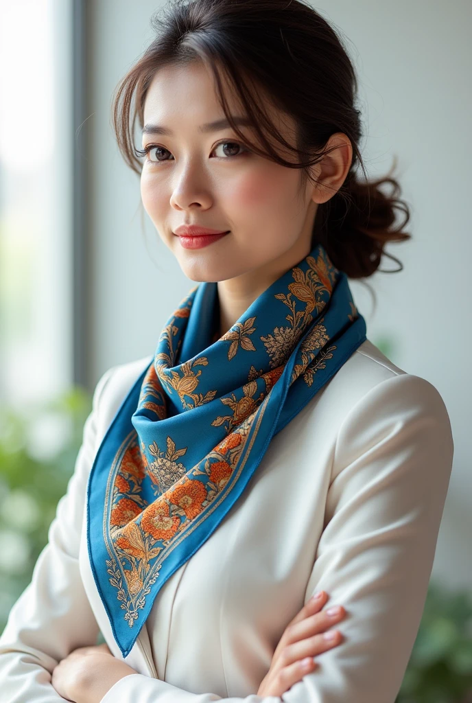 Square silk scarf，A blue silk scarf，Orange-embellished bank employee scarf，Chinese