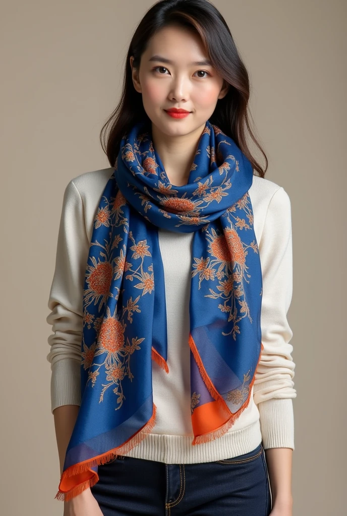Square silk scarf，A blue silk scarf，Orange-embellished bank employee scarf，Chinese