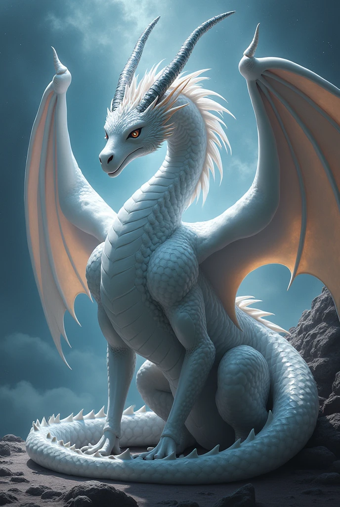 White wyvern with black spots and silver horns
