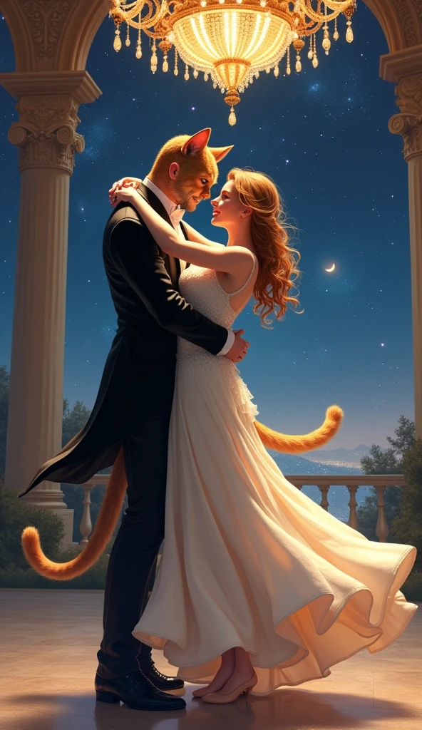 Scene 6: The Graceful Dance
Title: A Bold Dance Under the Stars
Description: Under a starry sky, the boy cat and the bold lady cat glide across a grand ballroom. His large paws guide her with gentle strength, yet her assertive movements and curvy figure reveal her equal role in this romantic dance. The chandelier above reflects their elegant forms, with his tuxedo shining brightly and her gown flowing around her like a soft breeze. The contrast in their size and the grace of their dance create a powerful and romantic image.