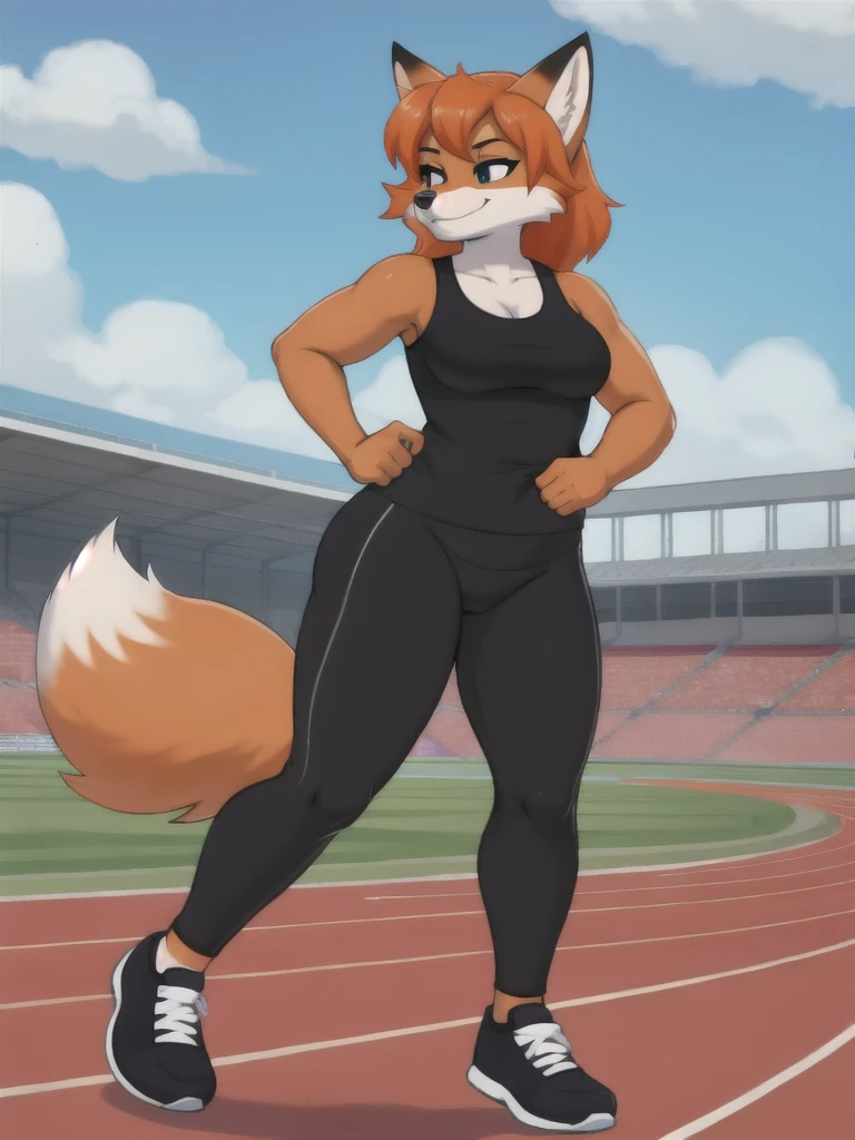 Furry, fox, female, black shirt, black leggings, shoes, running track, friends, full body