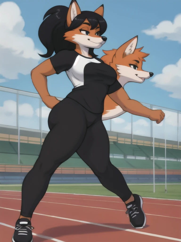 Furry, fox, female, black shirt, black leggings, shoes, running track, friends, full body