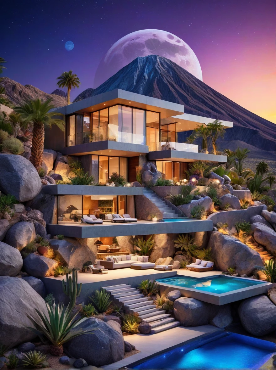 small and beautiful modern house in top of big boulders, terraces, pool, stairs, multiple cacti gardens, palms, trees, rocks, beautiful landscape design, mountains and volcano y background, amazing clouds, sun, moon, planets, milky way galaxy, concrete, wood, glass and steel materials, olive green, violet, orange and withe colors in facade