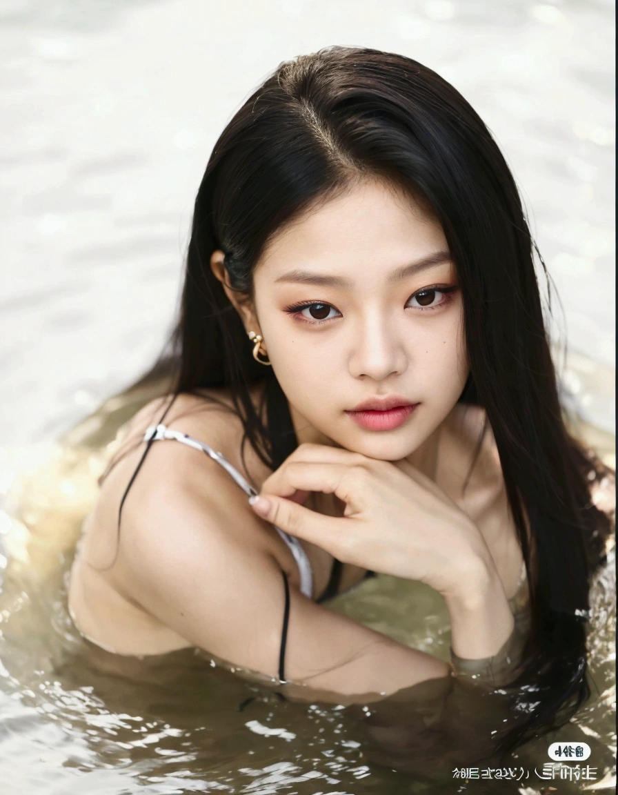 Woman arafed in a body of water with her hand on her chin, jennie pink black, jennie the blackpink, Jisoo from blackpink, retrato de jennie pink black, portrait of jennie de blackpink, jennie the blackpink, roseanne park by blackpink, Gongbi, shikami, Kimi Takemura, chiho, parque me, korean idol woman portrait