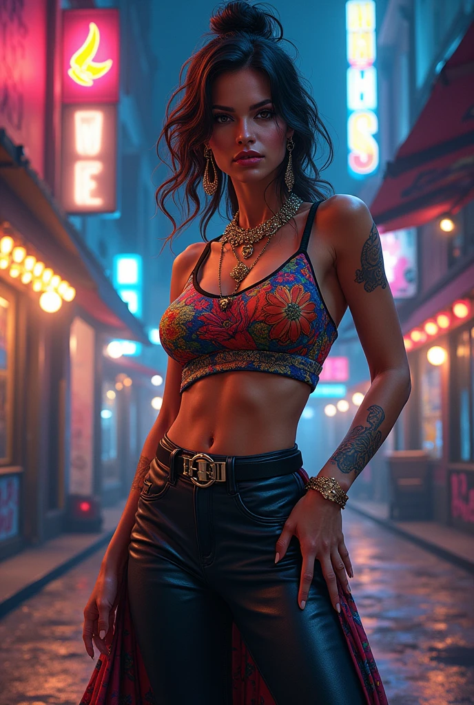 (obra de arte),(melhor qualidade), ilustração, (fantasia:1.4), A woman in a reggaeton-inspired outfit: a fitted crop top with bold patterns, high-waisted leather pants, and heeled ankle boots. She accessorizes with chunky gold jewelry, including a statement necklace and hoop earrings. Her pose is confident and sensual, with one hand on her hip and a slight, playful smile. The background features a vibrant urban scene with neon lights, graffiti, and a lively cityscape at night, adding to the energetic and edgy atmosphere. Super Detalhe, preciso, melhor qualidade, Ultra HD, Pele texturizada, vestido longo,