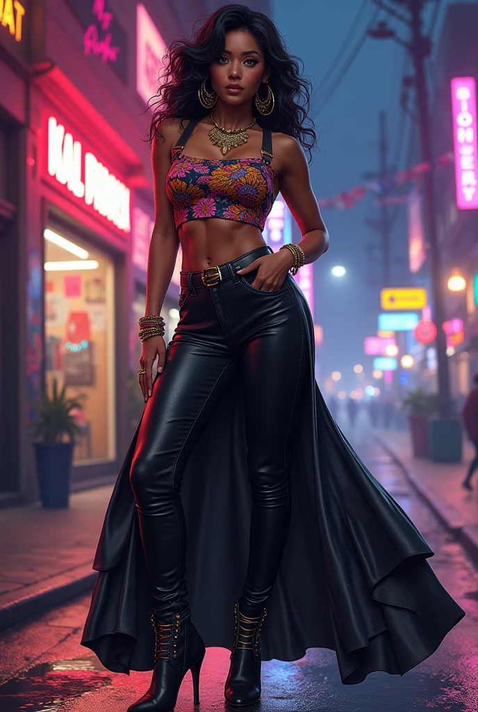 (obra de arte),(melhor qualidade), ilustração, (fantasia:1.4), A woman in a reggaeton-inspired outfit: a fitted crop top with bold patterns, high-waisted leather pants, and heeled ankle boots. She accessorizes with chunky gold jewelry, including a statement necklace and hoop earrings. Her pose is confident and sensual, with one hand on her hip and a slight, playful smile. The background features a vibrant urban scene with neon lights, graffiti, and a lively cityscape at night, adding to the energetic and edgy atmosphere. Super Detalhe, preciso, melhor qualidade, Ultra HD, Pele texturizada, vestido longo,