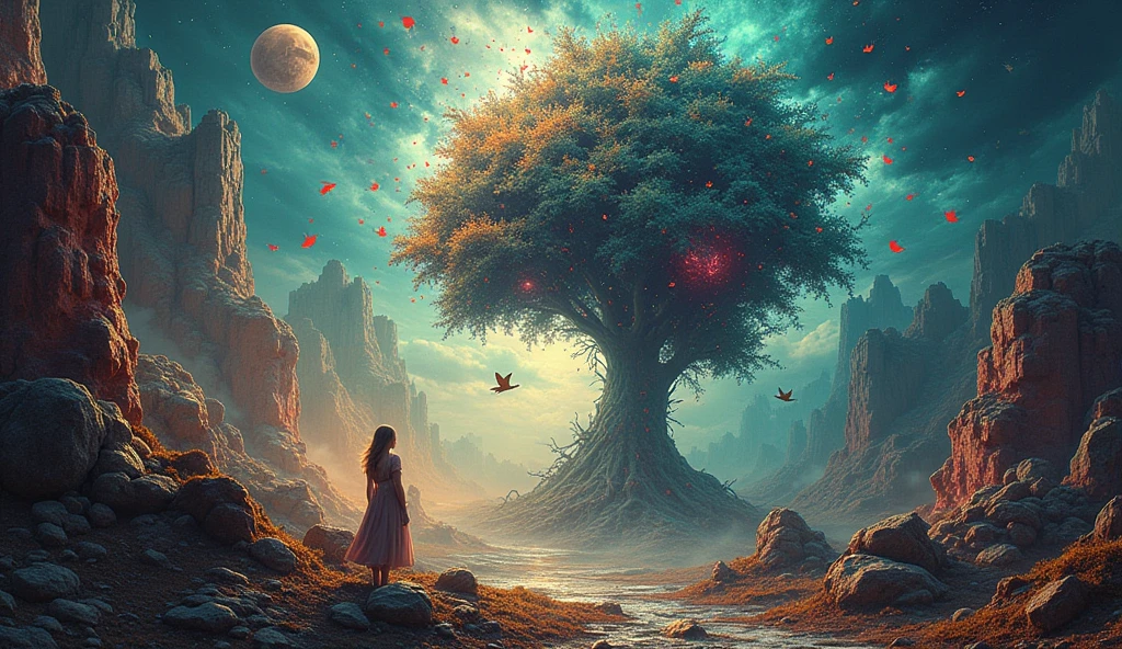 Welcome to my mind: Hyper-surreal, fragmented dreamscape of intertwining thoughts. Swirling vortex of vivid colors and abstract forms, constantly morphing. Shattered memories of past travels collide with unrealized dreams. Stories from every genre burst from floating books, their words forming living creatures. Silhouettes of mythical beasts and cosmic horrors lurk in misty shadows. Joyful scenes seamlessly transition into nightmarish landscapes. Musical notes twist into tangible objects, creating a visual symphony. Ideas spark like synapses, forming intricate webs of inspiration. Fragments of various cultures and historical periods blend in impossible ways. All perceived through a fractured, kaleidoscopic lens of consciousness. Nothing remains constant, everything is possible. Blending photorealism, abstract expressionism, and psychedelic art. Chaotic composition, impossible perspectives, non-euclidean geometry.