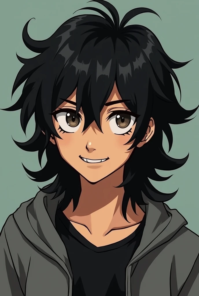 a tall teenager with long hair, slightly wavy and black at shoulder length. He usually keeps it untied. Its prominent features are its two sharp canine teeth., which gives him a wild attitude when he smiles.