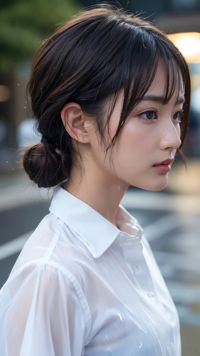 ((Highest quality, 8k, masterpiece: 1.3)), sharp: 1.2, Perfect Body Beauty: 1.4, Slim Abs: 1.2, ((Layered Hairstyles,: 1.2)), (Wet White Button Long Shirt: 1.1), (rain, street: 1.2), Wet: 1.5, Highly detailed face and skin texture, Detailed eyes, double eyelid, Profile looking at the camera