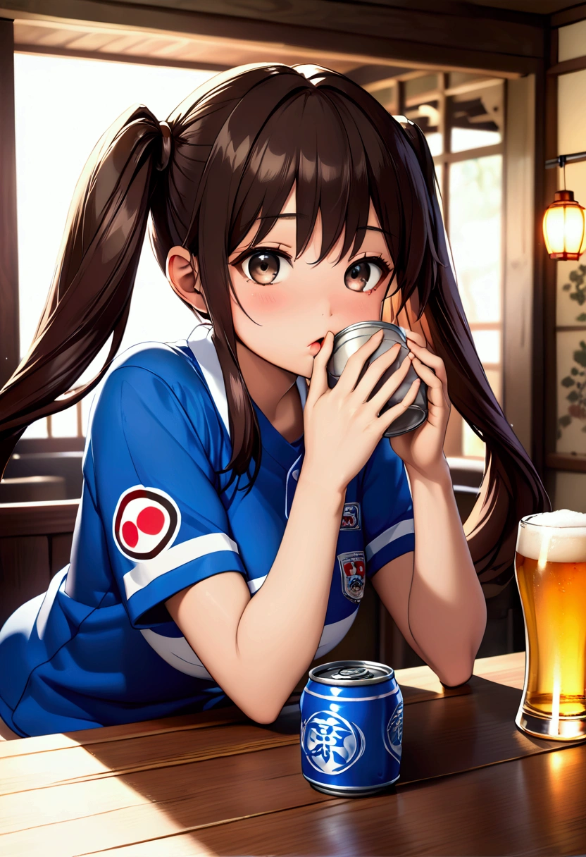 (nsfw:1.5)((垂れeye)),(((Twin tails))),Dark brown hair,pupil_Black,pupil_big,eye_small,Baby Face,round face,8k wallpaper, (shape:0.8), (Beautiful attention to detail:1.6), Highly detailed face, Perfect lighting, Extremely detailed CG, (Perfect hands, Perfect Anatomy),,Living room of the house,Large table,Beer ,Beer 缶,A pinch of sake,Wearing a blue jersey and drinking heavily,Being drunk,Spicy sake,