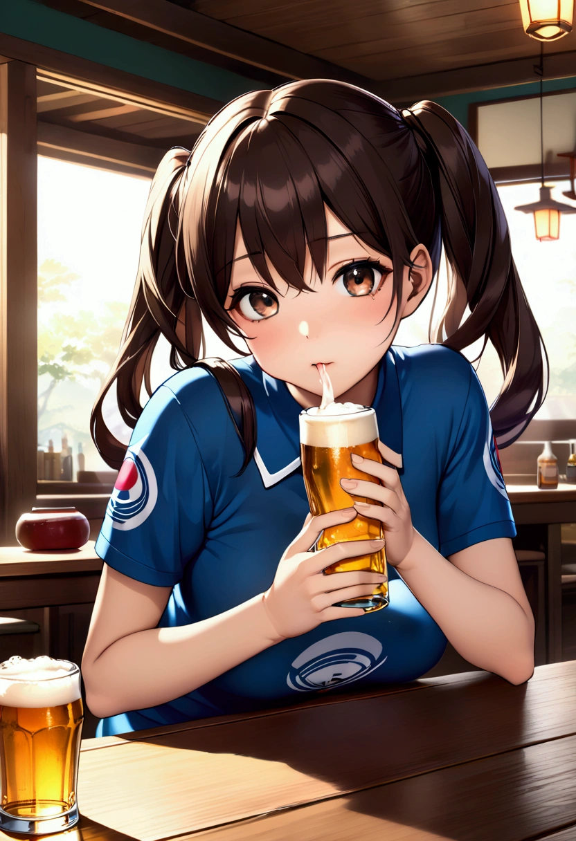 (nsfw:1.5)((垂れeye)),(((Twin tails))),Dark brown hair,pupil_Black,pupil_big,eye_small,Baby Face,round face,8k wallpaper, (shape:0.8), (Beautiful attention to detail:1.6), Highly detailed face, Perfect lighting, Extremely detailed CG, (Perfect hands, Perfect Anatomy),,Living room of the house,Large table,Beer ,Beer 缶,A pinch of sake,Wearing a blue jersey and drinking heavily,Being drunk,Spicy sake,