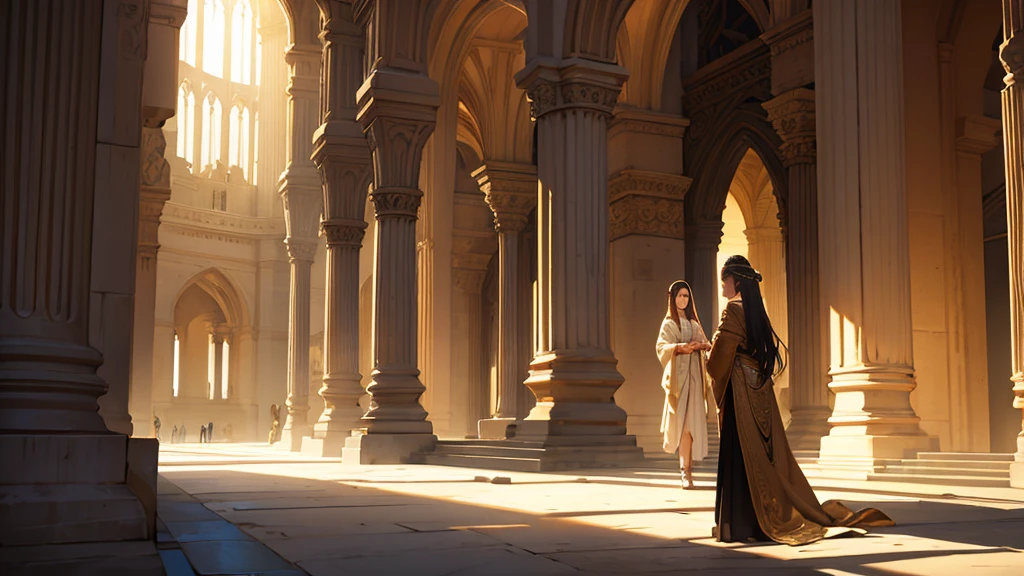 two young women from biblical times, long flowing dresses, elegant headdresses, serene expressions, natural lighting, muted earth tone colors, ornate architectural background, award winning digital art, masterpiece, intricate details, photorealistic, cinematic composition, dramatic lighting, highly detailed