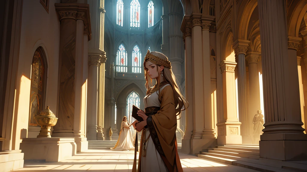 two young women from biblical times, long flowing dresses, elegant headdresses, serene expressions, natural lighting, muted earth tone colors, ornate architectural background, award winning digital art, masterpiece, intricate details, photorealistic, cinematic composition, dramatic lighting, highly detailed