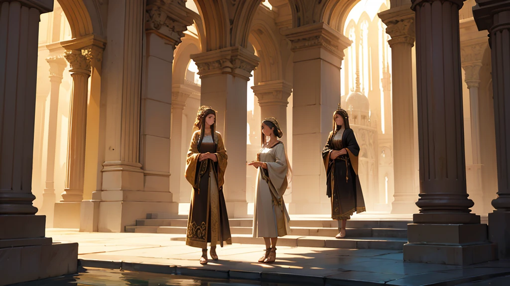 two young women from biblical times, long flowing dresses, elegant headdresses, serene expressions, natural lighting, muted earth tone colors, ornate architectural background, award winning digital art, masterpiece, intricate details, photorealistic, cinematic composition, dramatic lighting, highly detailed