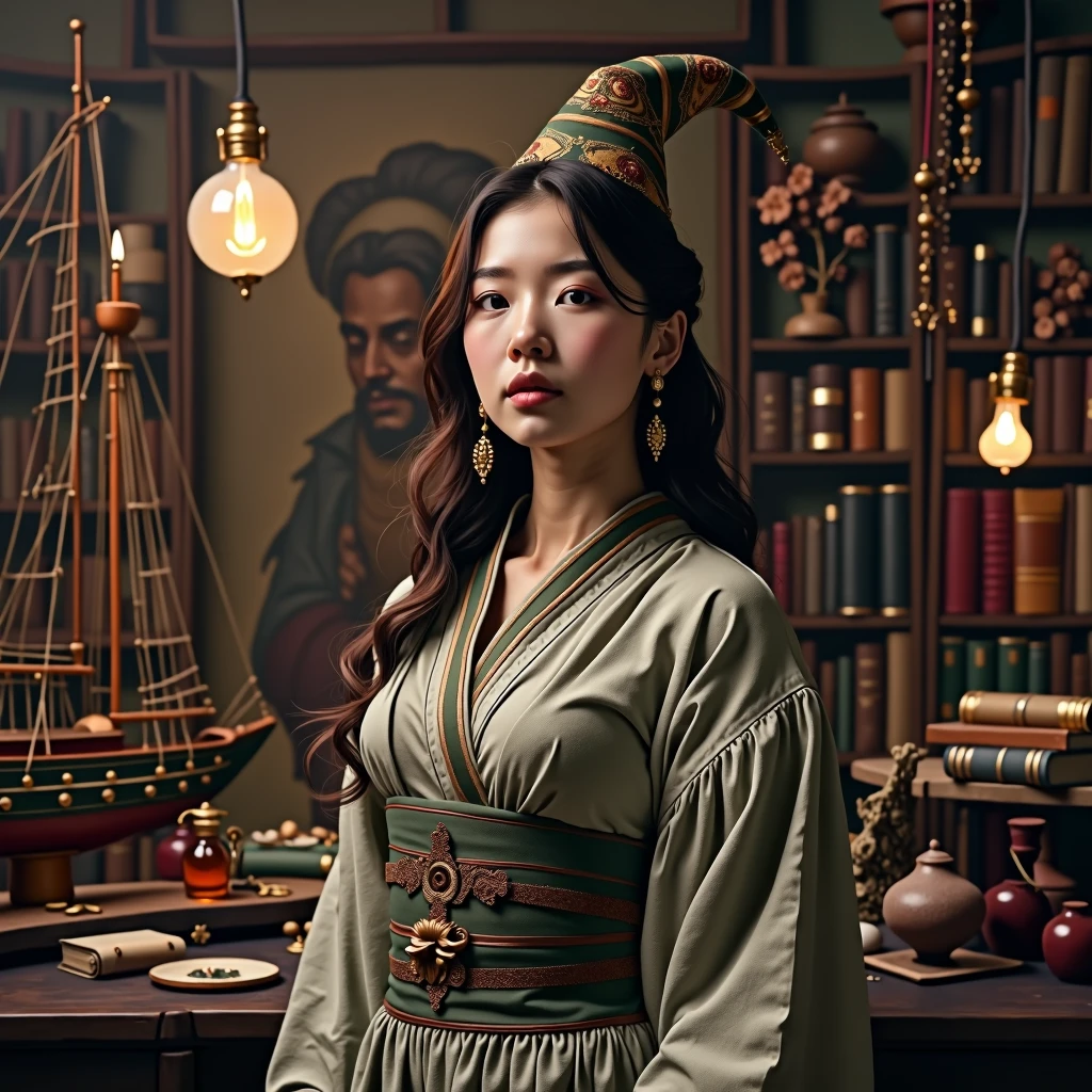 A young Asian witch wearing a witch robe mixed with gray and green kimono and a pointy witch hat, she is in a room with potions and books, IPA Awards, work of art, (((intricate ship, Lomonosov art, wide angle lens f/2.8, Insane ultra high resolution intricate textures, texture indentation, perfect perspective, ultra perfect geometry, ultra insane ambient lighting, ultra insane ambient shadows, ultra luminism, Global illumination, ultra detailed busy background, natta, tessellation, maximalism, perfectionism, IPA Award wining work of art, insane details)))