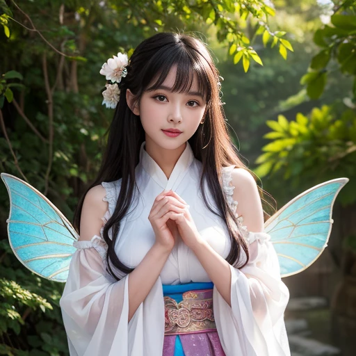 best quality, Delicate face，beautiful visual work, lifelike, eternity, black hair, Long curly hair, blunt bangs, Smile, Detailed Background, Delicate face，blush，cold，((masterpiece))、(top quality)、8k、high detail、Super detailed，21 years old female，身穿唐制Hanfu、waist skirt, Clothes are light and fluffy，Hanfu, wide sleeves, Transparent sleeves, Tunic, Clothes made of chiffon, masterpiece、born、Scenes resembling fairy tale illustrations、intricate details和複雜的設計、Beautifully、magic、capricious、 Beautifully、Dream aesthetics、「𝓡𝓸𝓶𝓪𝓷𝓽𝓲𝓬、ethereal、charming、fickle、magic」、realism、Visual effects、FXAA、SSAO、Shader、voiceless、ambient lighting、Tone mapping、High resolution、Ultra high quality、Million pixels、(8K resolution:1.10)、8k、8k以下、8K resolution、high detail、intricate details， (high quality:1.2、masterpiece:1.2、:1.21)、(21 years old female:1.21)、(興奮地Smile)、(被dream般的氛圍所包圍、Model diagram，full-body shot，Normal 2 feet，Put your hands behind you，The protrusion of the breast is visible when wearing clothes, Large Breasts, H cup chest, antiquity, Xian Xia, gauze clothes, Soft and fluttering, Fairy, dream, fantasy, light, Elegant, nature, Immortal, romantic, classical, ribbon,Chinese style, Chinese style architecture